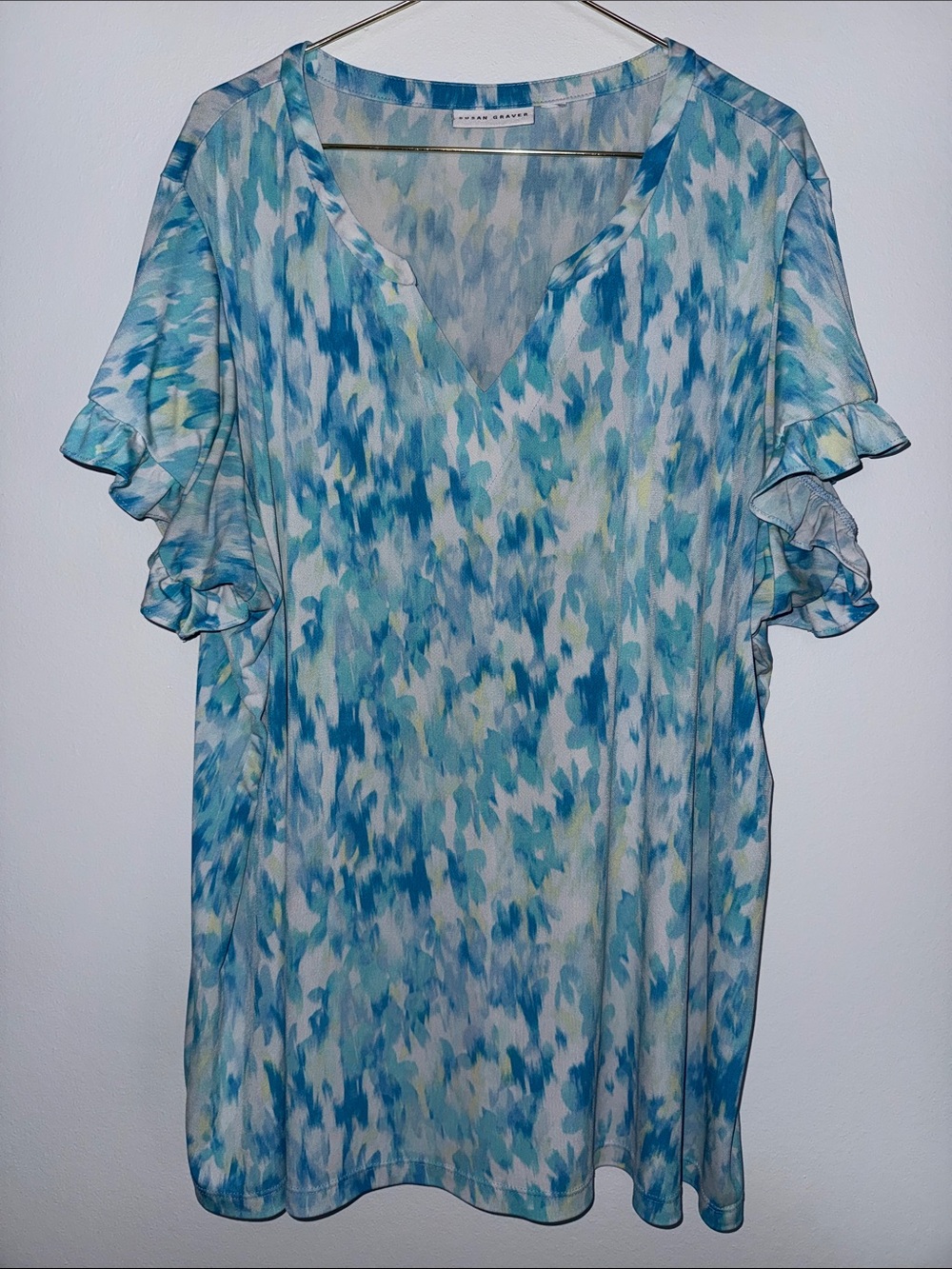 Susan Graver Aqua and Blue Abstract Ruffle-Sleeve Blouse